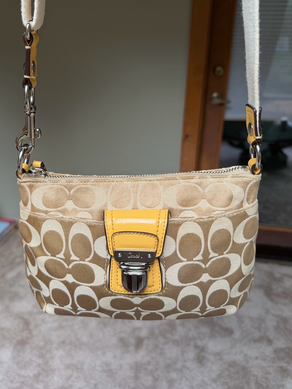 Coach Beige Signature Jacquard Crossbody with Yellow Patent Leather Trim